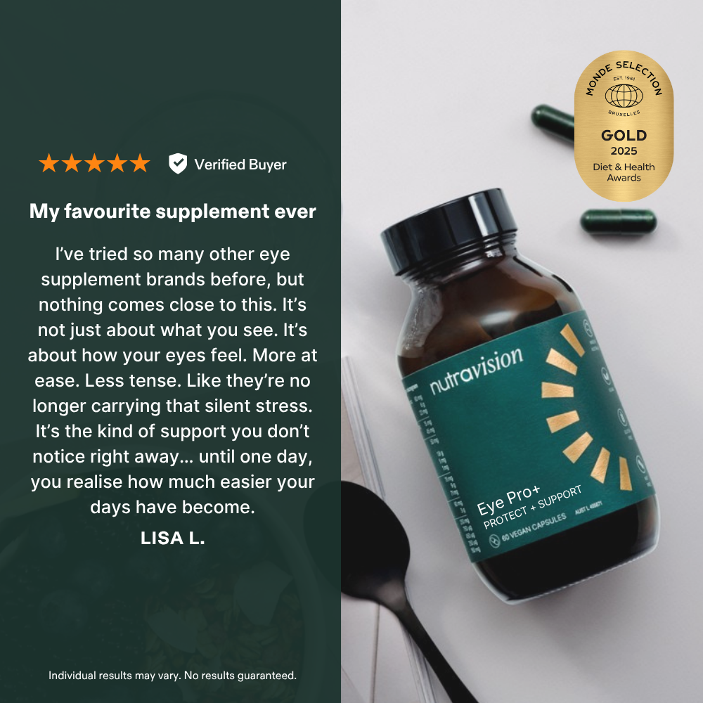 Nutravision Eye Pro+ supplement bottle with a five-star review on a dark green background