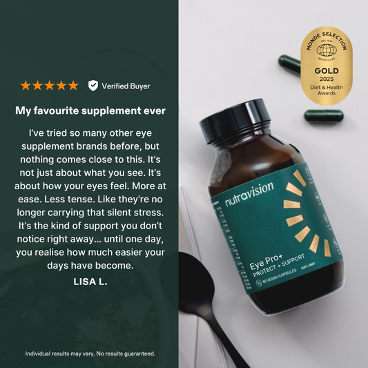 Nutravision Eye Pro+ supplement bottle with a five-star review on a dark green background