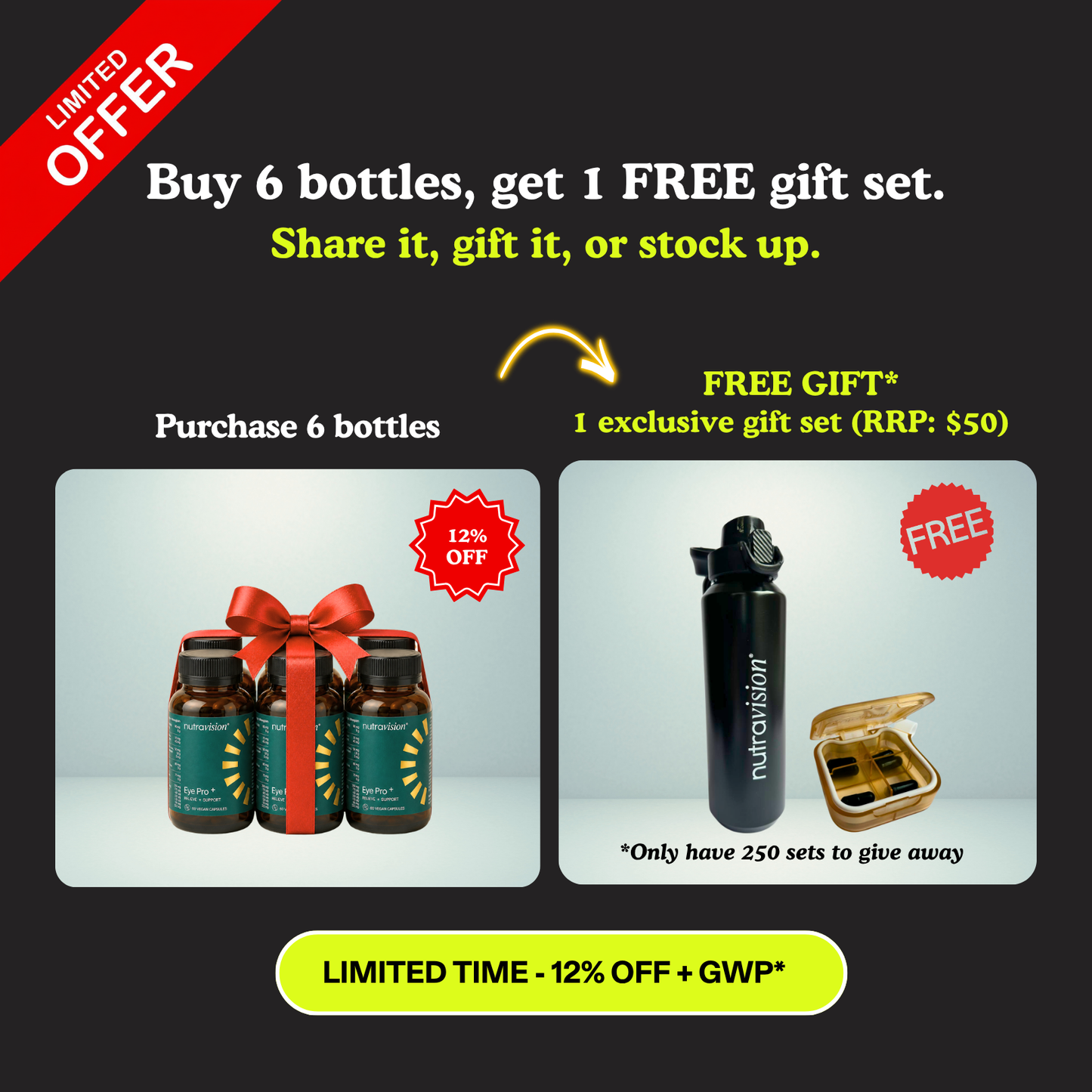 Promotional offer for purchasing 6 bottles with free gifts on a black background