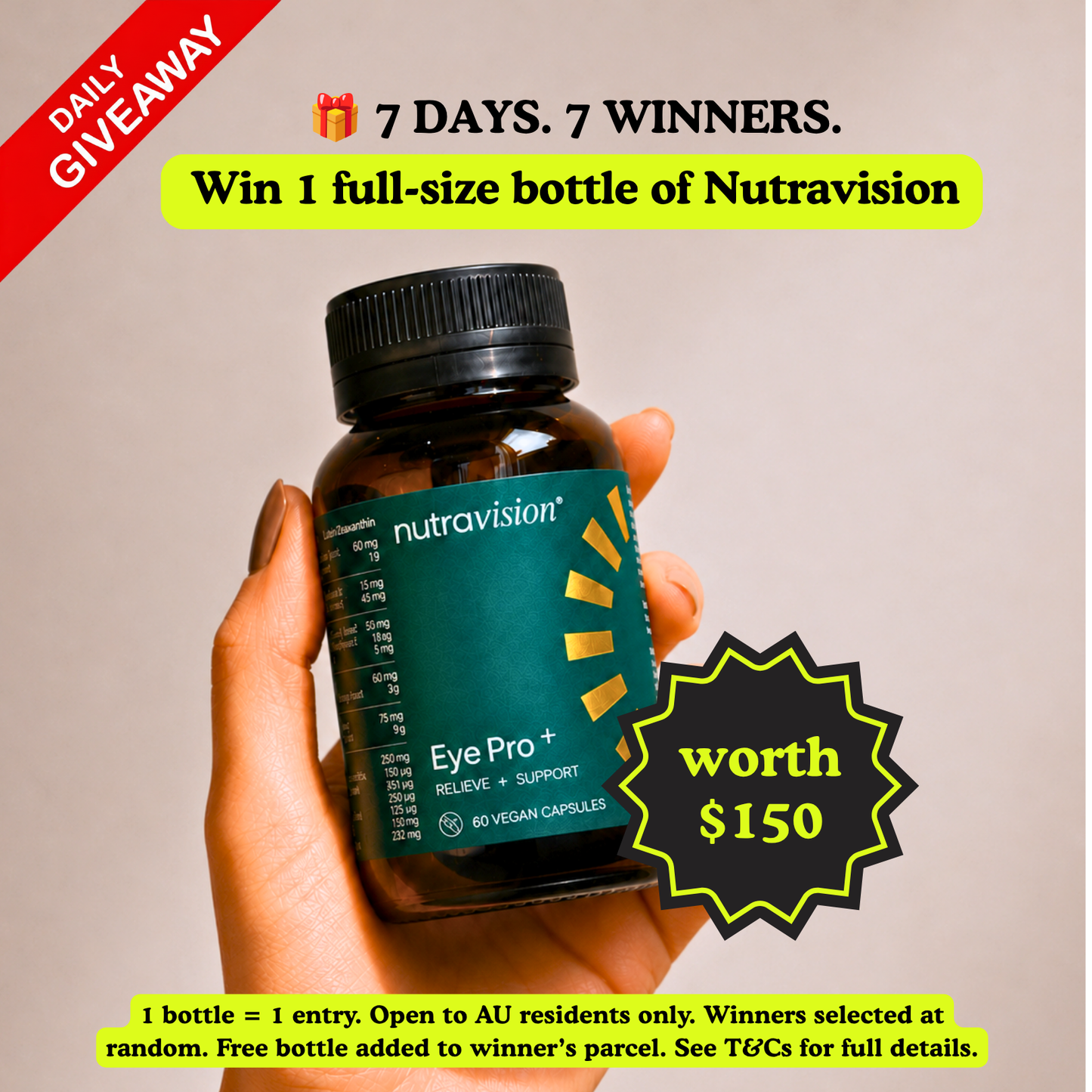 Hand holding a bottle of Nutravision Eye Pro with promotional text about a giveaway.